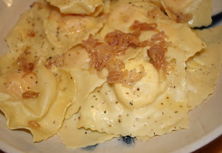 Goat Cheese Ravoili with Carmalized Shallots & Mushroom-Sage Cream Sauce