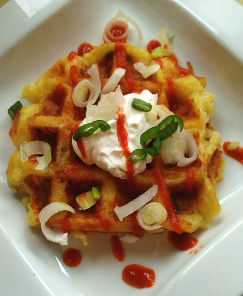 Savory Cheddar-Mashed Potato "Latke" Waffles With Garlic Olive Oil